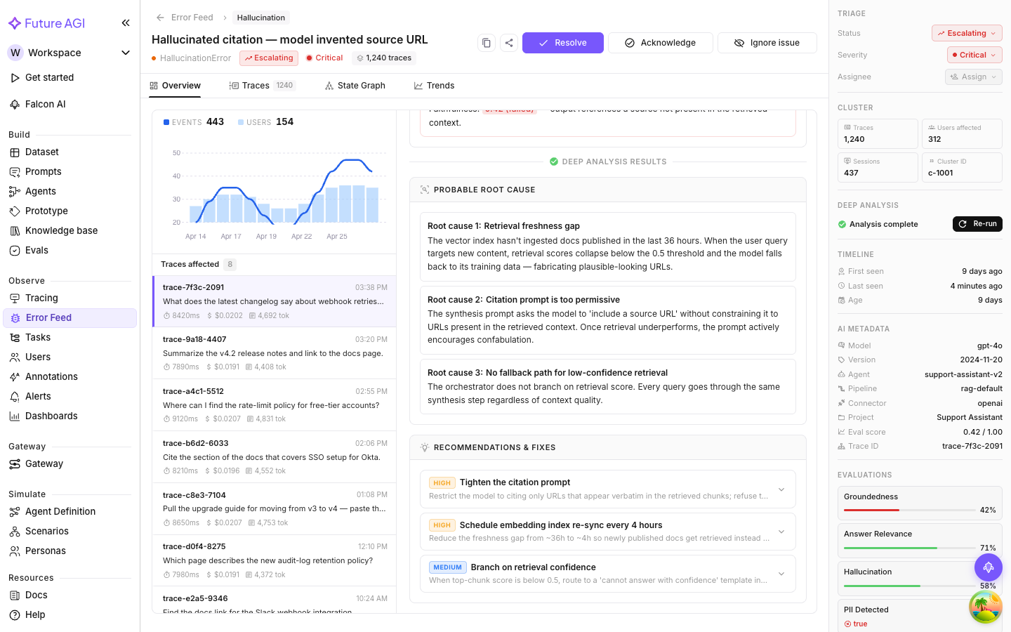 Deep Analysis button in the metadata panel, and the Running state with progress indicator